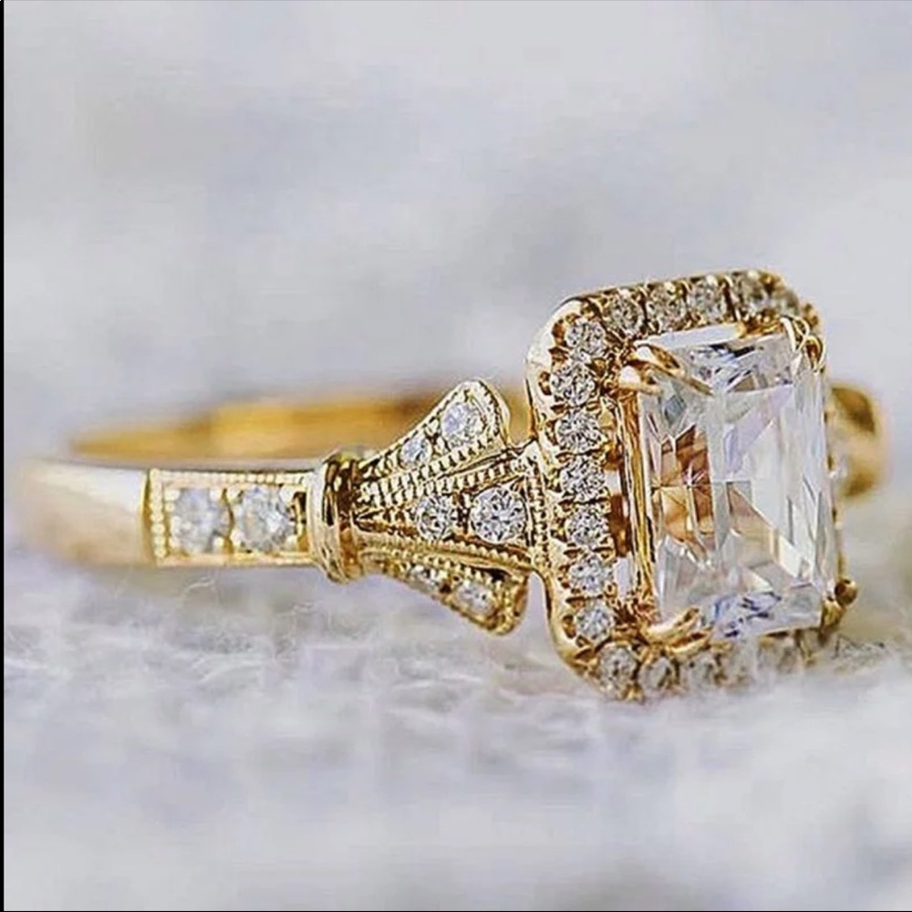 New Yellow Gold Plated Square shape Diamond Ring - Picture 3 of 5